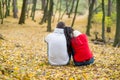 Beautiful couple in autumn park sitting on the ground Royalty Free Stock Photo