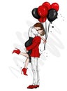 Beautiful couple with balloons in the shape of hearts. A girl in a dress and high-heeled shoes and a man in a coat and trousers. Royalty Free Stock Photo