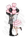 Beautiful couple with balloons in the shape of hearts. A girl in a dress and high-heeled shoes and a man in a coat and trousers. Royalty Free Stock Photo