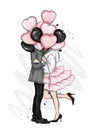 Beautiful couple with balloons in the shape of hearts. A girl in a dress and high-heeled shoes and a man in a coat and trousers.