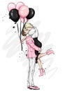 Beautiful couple with balloons in the shape of hearts. A girl in a dress and high-heeled shoes and a man in a coat and trousers.