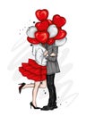 Beautiful couple with balloons in the shape of hearts. A girl in a dress and high-heeled shoes and a man in a coat and trousers.