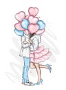 Beautiful couple with balloons in the shape of hearts. A girl in a dress and high-heeled shoes and a man in a coat and trousers. Royalty Free Stock Photo