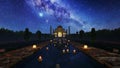 Beautiful Couple And Candels Floating In Front Of Taj Mahal Against Starry Sky, Cam Fly