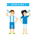 Beautiful couple girl and boy happiness childhood young cute person drink water woman and man vector illustration
