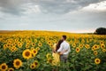 Beautiful couple having fun in sunflowers field. A man and a woman in love walk in a field with sunflowers, a man hugs a woman. Royalty Free Stock Photo
