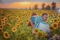 Beautiful couple having fun in sunflowers fields Royalty Free Stock Photo
