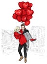 Beautiful couple in love. A man and a girl in winter clothes are walking around the city. A man holds a woman in his arms.