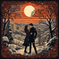 Beautiful couple in love, during winter with a red sky, art nouveau-inspired illustrations, christmas time