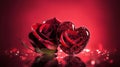 Beautiful Couple Of Red Roses In Heart Shape With Red Passion Background, generative ai