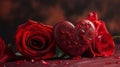 Beautiful Couple Of Red Roses In Heart Shape With Red Passion Background, generative ai