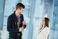 Beautiful couple standing next to the pool table Royalty Free Stock Photo