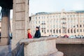 Beautiful couple in sunglasses on the bridge in city . Rock style . Couple in love Royalty Free Stock Photo