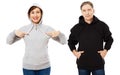 Beautiful couple in sweatshirt hoodie mock up isolated, gray and black hoodie hoody mockup blank screen