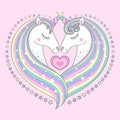 Beautiful couple of unicorns in love. Heart shaped composition. Vector illustration