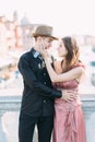 Beautiful couple in Venice, Italy - Lovers on a romantic date and kissing in Venice Royalty Free Stock Photo