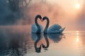 beautiful couple white swan birds swimming together in the lake at foggy sunset or sunrise