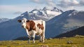A Beautiful Cow Amidst the Alpine Meadow, with Towering Snowy Mountains Creating a Captivating Vista. Generative AI
