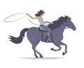 A cowboy girl rides a horse on white background