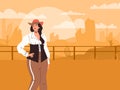 Beautiful cowgirl in desert landscape, American western rodeo swag cowgirl dressed in retro west style, canyon and sands