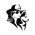 Cowgirl woman wearing sunglasses and cowboy hat with her pet dog vector head portrait Royalty Free Stock Photo