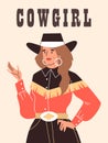 Beautiful cowgirl vector poster, vintage swag cowgirl, woman dressed in retro wild west style hat, western girl portrait Royalty Free Stock Photo