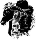 black silhouette of cowgirl wearing cowboy hat and horse head Royalty Free Stock Photo