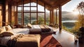 Beautiful cozy bedroom an eco house in nature, river windows idyllic luxury decoration