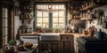 Beautiful Cozy farmhouse kitchen with rustic wood accents. Generative AI