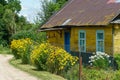 A beautiful cozy house in the village and a flower garden. A yellow wooden house near a dirt road in the distance from the Royalty Free Stock Photo