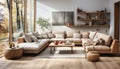 A beautiful and cozy interior with warm earthy tones and a spacious modern sofa. Inviting comfort. Generative AI