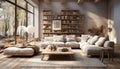 A beautiful and cozy interior with warm earthy tones and a spacious modern sofa. Inviting comfort. Generative AI