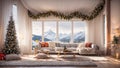 Beautiful cozy living room eco house in nature, winter windows scenery tree