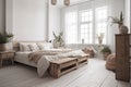 Beautiful cozy Scandinavian bedroom with wooden frame bed and interior decorations. Generative Ai