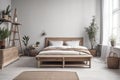 Beautiful cozy Scandinavian bedroom with wooden frame bed and interior decorations. Generative Ai