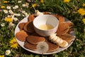 Beautiful cozy summer or spring picnic with pancakes, honey and banana Royalty Free Stock Photo