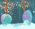 Beautiful, cozy, winter landscape, forest, fancy trees with garlands