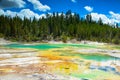 Beautiful Crackling Lake with trees in backgrounds in Norris Geyser Basin, Yellowstone National Park, Wyoming, USA.