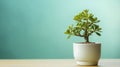 Beautiful Crassula ovata, Jade Plant, Money Plant, succulent plant in a white pot on green background. Generative AI