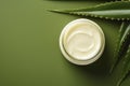 Beautiful cream bottle with beauty products aloe leaves on green background. Natural organic skin care