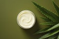 Beautiful cream bottle with beauty products aloe leaves on green background. Natural organic skin care