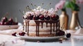 Beautiful cream cake with cherries, chocolate dusting and edible flowers