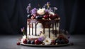 Beautiful cream cake with cherries, chocolate dusting and edible flowers