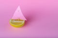 Beautiful creative decoration background idea with fresh fruit lemon yacht, sailboat with sail on pink background