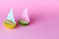 Beautiful creative decoration background idea with fresh fruit lime and lemon yacht, sailboat with sail on pink background