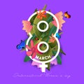 Beautiful and Creative Floral Number of Eight with Female Gender Sign and Butterflies over Purple Background for 8th Royalty Free Stock Photo