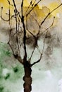 Abstract watercolor painting of leafless tree