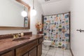 Beautiful creme bathroom with a white toilet, wooden sink and a colorful curtain