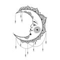 Beautiful crescent moon with face, jewelry and mandala ornaments, boho design, tattoo. Linear hand drawing isolated on white