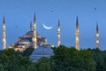 Beautiful crescent moon over Blue Mosque in Istanbul, Turkey